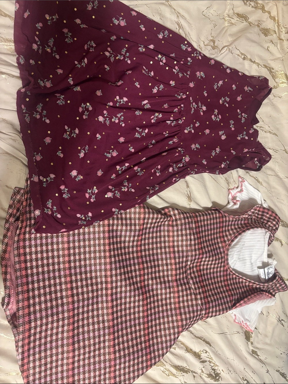 Girl’s Dresses- 2 - Floral Burgundy Dress & Pink Houndstooth